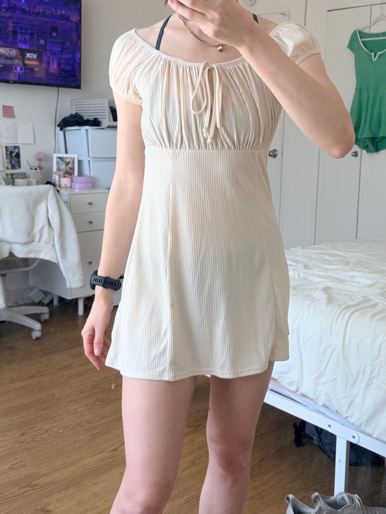 Francesca’s Cream Ribbed Puff Sleeve Mini Dress Size M